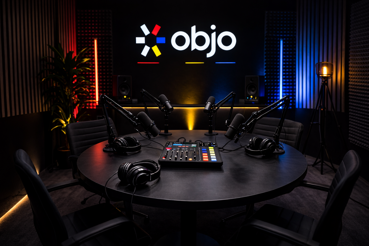 Studio de podcast à Cannes : plan large du setup d’enregistrement (objo)